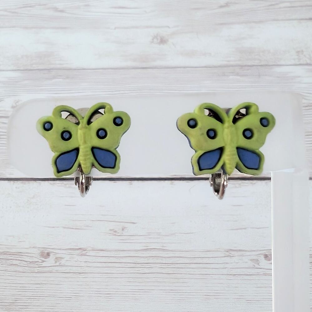 Green & Blue Butterfly Clip On Earrings